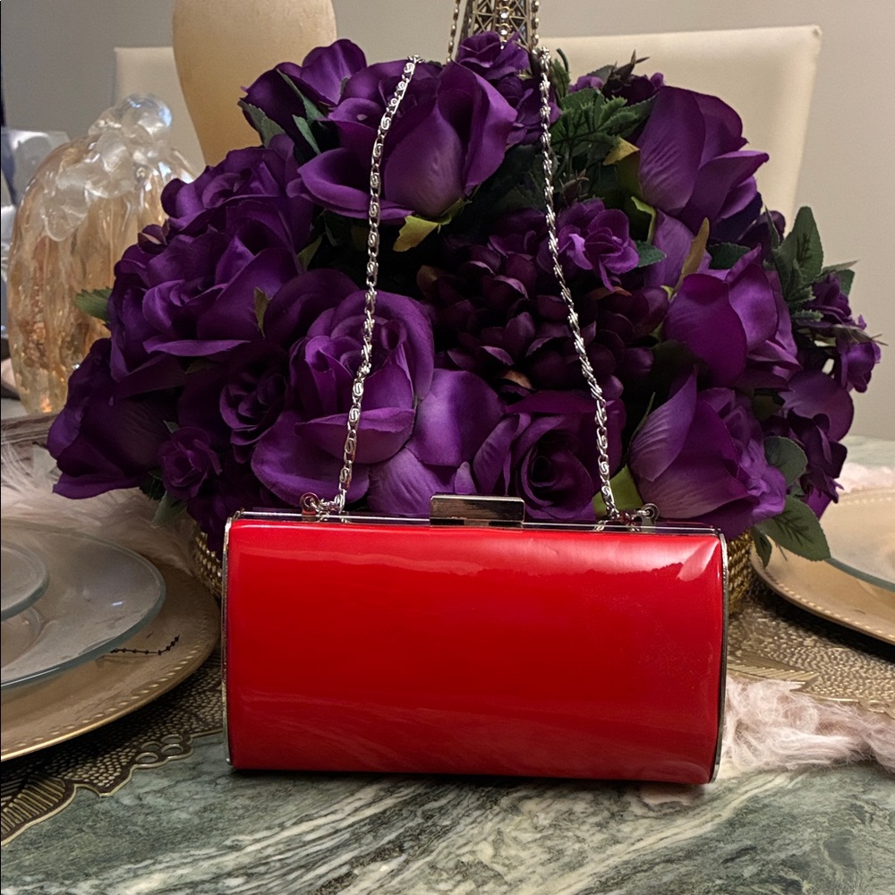 Chic Red Patent Leather Clutch with Chain